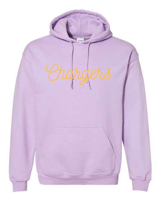 OLSH CHARGERS LIGHT PURPLE HOODED SWEATSHIRT WITH PUFF PAINT SCRIPT DESIGN