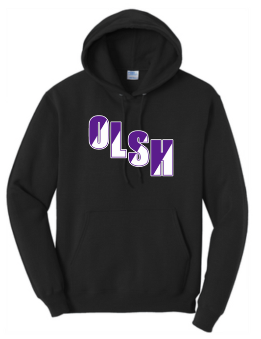 OLSH YOUTH & ADULT HOODED SWEATSHIRT - ATHLETIC HEATHER OR JET BLACK SPLIT DESIGN