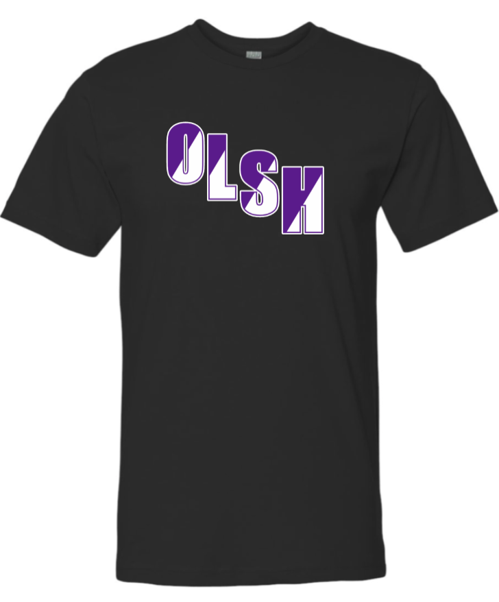 OLSH YOUTH & ADULT FINE COTTON JERSEY SHORT SLEEVE SPLIT DESIGN T-SHIRT -  BLACK OR PURPLE