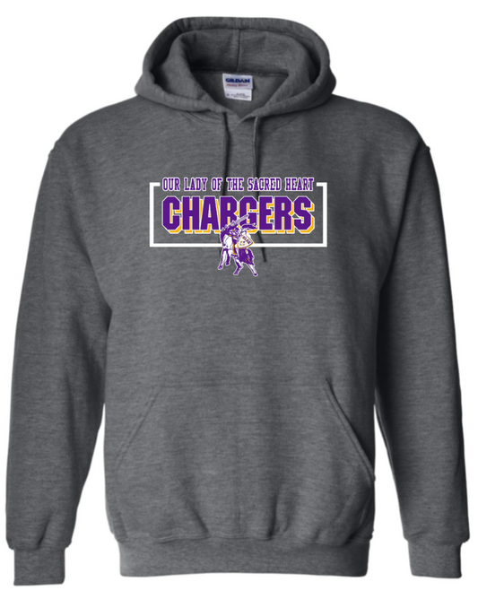 OLSH YOUTH & ADULT DARK HEATHER HOODED SWEATSHIRT- CHARGERS DESIGN